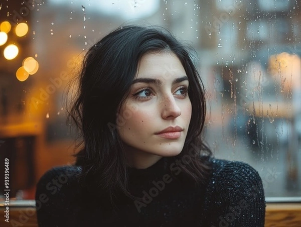 Fototapeta Melancholy Gaze Through a RainStreaked Window A Womans Face framed by blurred city lights and raindrops