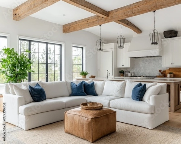 Obraz Modern Farmhouse Living Room with Exposed Beams and White Sectional Sofa Wide Angle Perspective