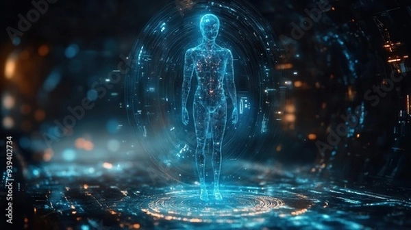 Obraz futuristic 3d hologram of an ai assistant glowing with ethereal blue light translucent interface floating in a minimalist tech environment