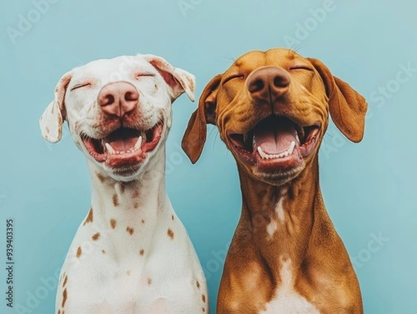 Obraz Two dogs one white with brown spots and one brown smiling with mouths open against a blue background A playful portrait of canine joy
