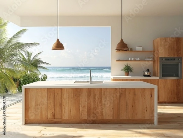 Obraz Ocean View Kitchen A Minimalist Interior with Wooden Accents and Beach Scene in the Background