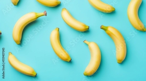 Fototapeta A vibrant pattern of bananas scattered over a teal background creates a lively and fun atmosphere. This image is bright and ideal for food-related projects. Perfect for fresh ideas. AI