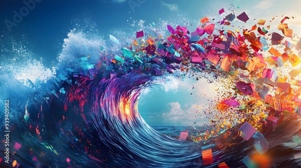 Fototapeta Colorful Abstract Wave Crashing Onto Digital Landscape,Symbolizing Tech Innovation