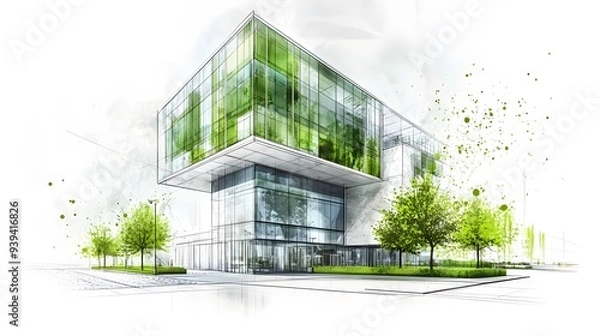 Fototapeta A sketch of an eco-friendly building with green glass walls, white background, green color palette, architectural drawing style, sketchy lines