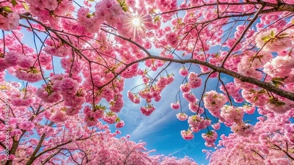 Fototapeta Cherry blossoms in full bloom on a sunny spring day, creating a pink floral canopy