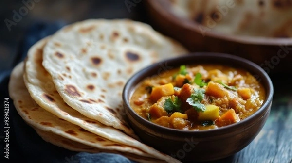 Fototapeta Detailed view of a soft, pliable roti with a slightly toasted surface, served with a bowl of spicy vegetable curry