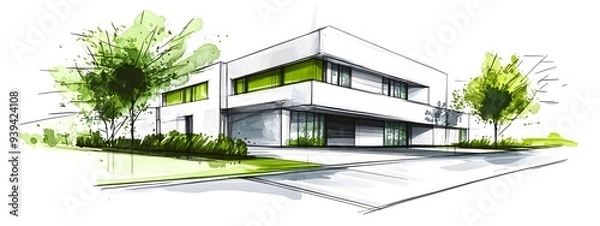 Fototapeta A sketch of an eco-friendly building with green glass walls, white background, green color palette, architectural drawing style, sketchy lines