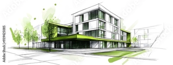 Fototapeta A sketch of an eco-friendly building with green glass walls, white background, green color palette, architectural drawing style, sketchy lines