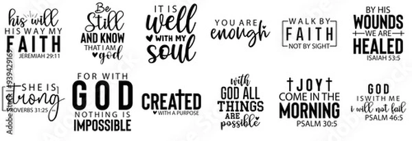 Fototapeta Minimalist Bible Verse Phrases, Typographic Emblems Collection Vector Illustration for Presentation, Icon, Bookmark