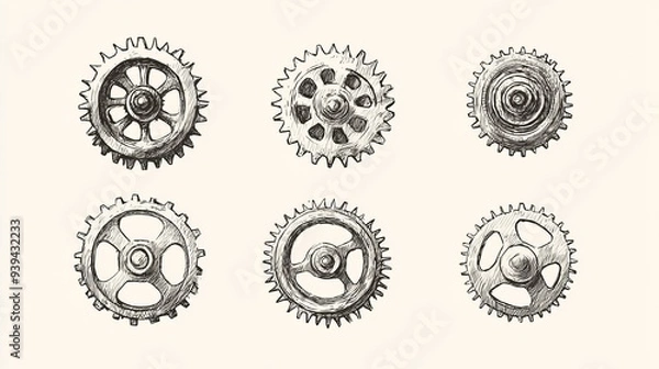 Fototapeta Vector illustration of handdrawn vintage gears and cogwheels representing industrial mechanisms