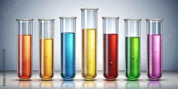 Fototapeta A row of seven test tubes with brightly colored liquids, set against a neutral background, symbolizing precision and diversity in laboratory experiments and scientific research.