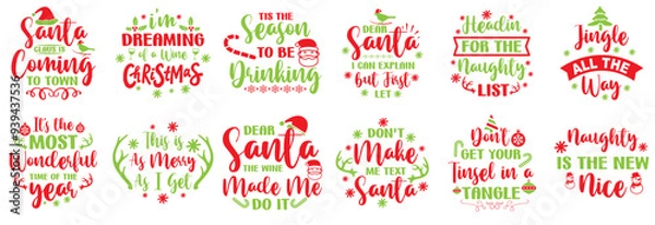 Fototapeta Cute Funny Christmas Typographic Emblems, Trendy Retro Style Illustration Bundle Vector Illustration for Bookmark, Brochure, Gift Card