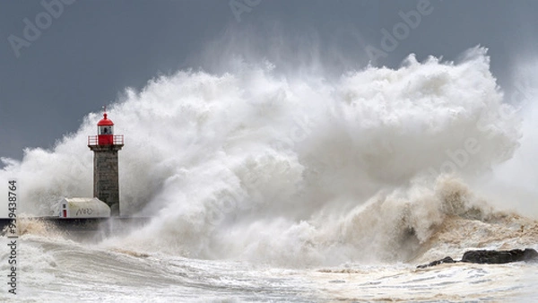 Obraz Big Wave Crashing Against Porto Lighthouse in Storm, Portugal