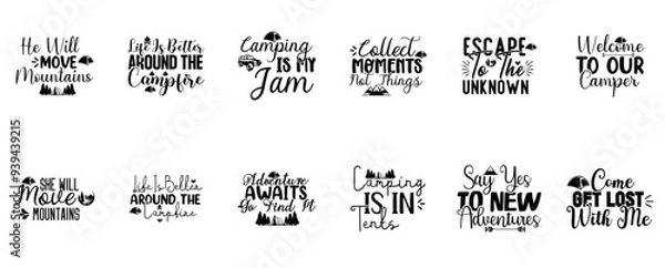 Fototapeta Minimalist Camping Inscriptions, Typographic Emblems Collection Vector Illustration for Decal, Flyer, Mug Design