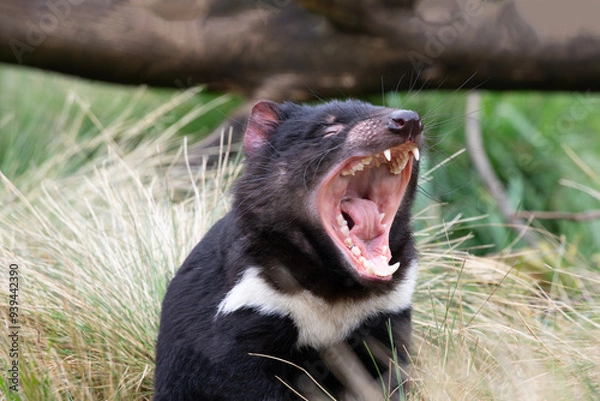Fototapeta Display of Tasmanian Devil's unusually powerful, wide jaws and loud scream; this endemic marsupial is an endangered species threatened by infectious facial cancer in Australia.