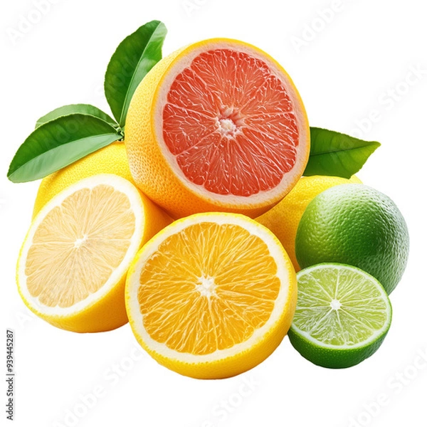 Fototapeta Fresh citrus fruits including oranges, lemons, limes, and grapefruit are displayed attractively