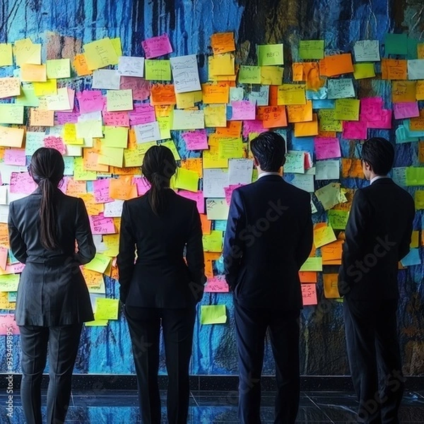 Fototapeta A group of people are standing in front of a wall covered in colorful sticky notes. The notes are arranged in a way that creates a sense of chaos and disorganization
