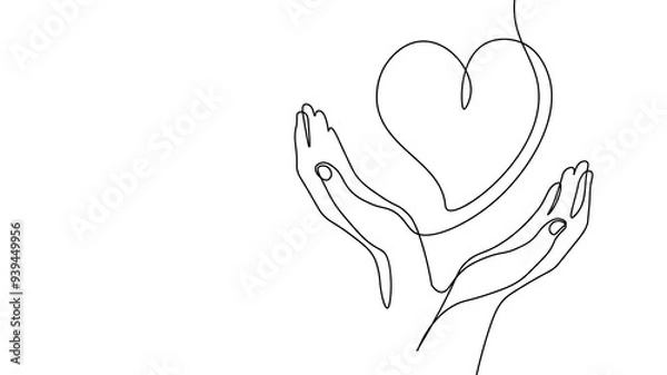 Obraz Fundraising giving heart symbol money hand. Continuous one line draw sketch art. Charity volunteer giving donate social project. Finance funding vector illustration