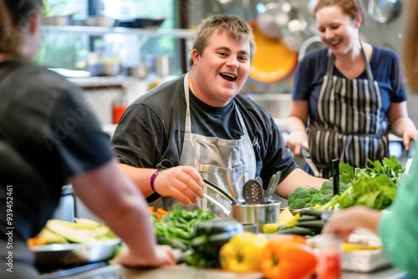 Obraz Man with Down syndrome smiling in kitchen