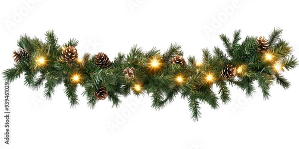 Fototapeta Christmas tree branch with cones and lights.
