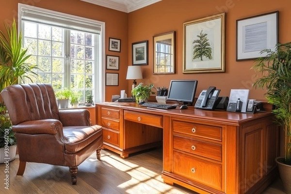 Fototapeta A Home Office with a Large Wooden Desk and a Leather Armchair