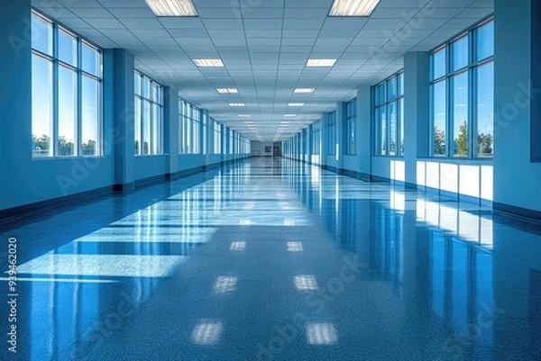 Fototapeta A Long, Empty Office Hallway with Shiny Floors and Windows