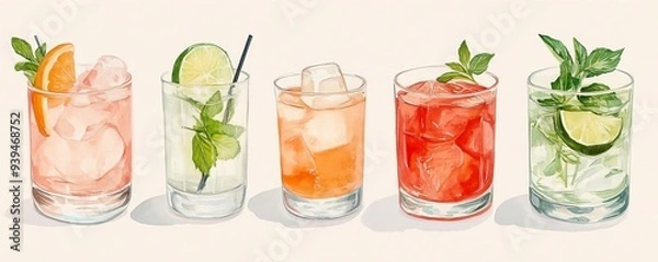 Fototapeta A vibrant collection of refreshing drinks in glasses, featuring ice, citrus, and herbs, perfect for a summer vibe.