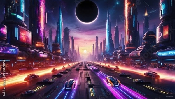 Fototapeta A futuristic city at night, with glowing neon signs and hovering vehicles, under a sky full of stars and distant planets.