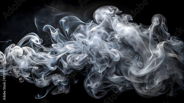 Fototapeta Swirling white smoke on black background, ethereal abstract wisps, soft flowing shapes