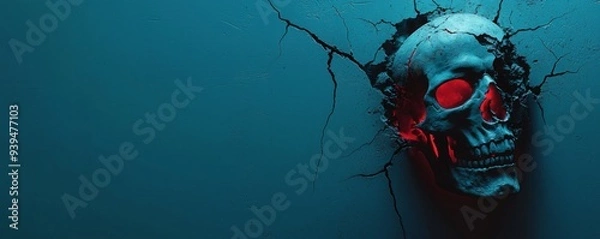 Fototapeta Grim Reaper emerging from a portal with a cracked mask, glowing cracks, Halloween, dark fantasy and mystery