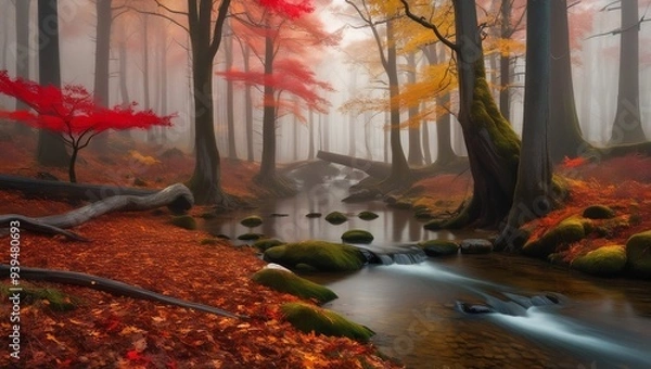Fototapeta A serene forest in autumn, with trees displaying vibrant red, orange, and yellow leaves, and a calm stream flowing through.