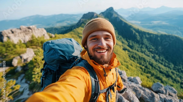 Fototapeta A young hiker man taking a vertical selfie portrait on the summit of a mountain, with a breathtaking view in the background. The happy guy is smiling at the camera. Ai generated