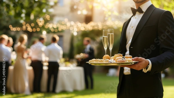 Fototapeta Sophisticated garden event featuring a waiter holding a tray of champagne glasses and gourmet appetizers, the scene bathed in the golden glow of late afternoon sunlight. Ai generated