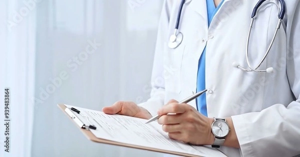 Fototapeta Female doctor taking notes on clipboard. Close-up of a unrecognizable female professional writing and filling up medication history records form