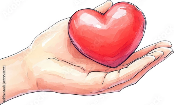 Fototapeta A hand gently holding a vibrant red heart, symbolizing love, care, and compassion in a simple yet powerful image.
