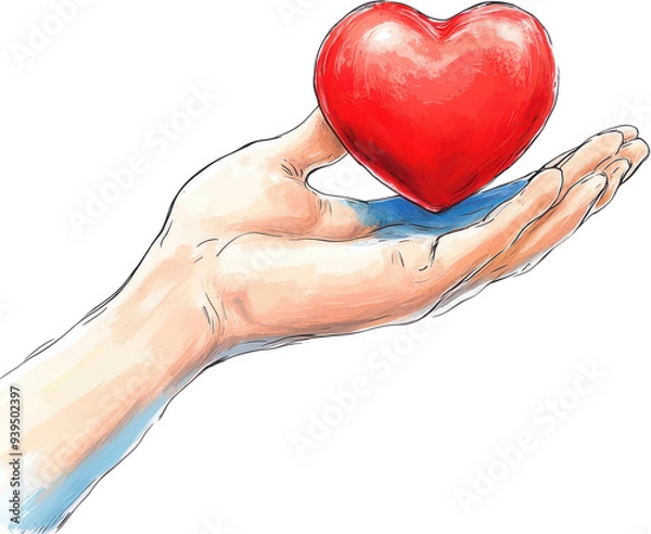 Fototapeta A hand gently holds a vibrant red heart, symbolizing love, care, and emotional connection in a simple yet powerful image.