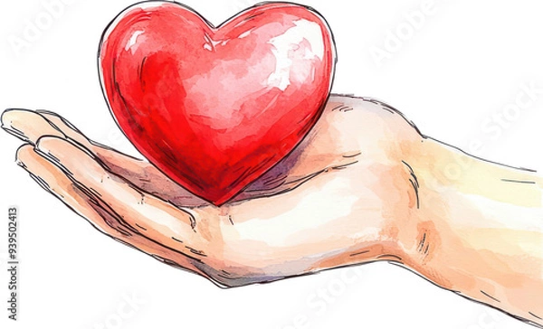Fototapeta A hand gently holds a vibrant red heart, symbolizing love and care in a warm, artistic representation.