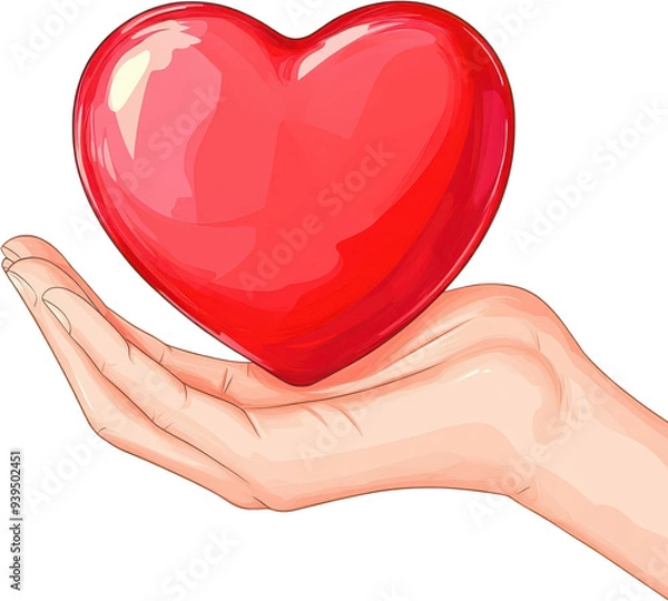 Fototapeta A hand holding a shiny red heart symbolizing love, compassion, and care in a simple yet impactful design.