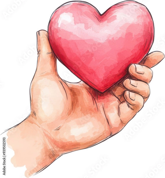 Fototapeta A hand holding a vibrant red heart, symbolizing love, care, and compassion in a colorful, artistic style.
