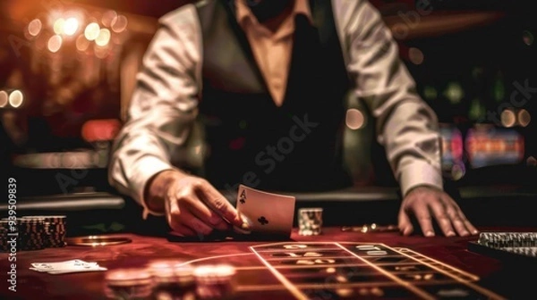 Obraz A smiling dealer in a cool black suit deals cards at a baccarat table under dim lighting, emphasizing the mysterious atmosphere.