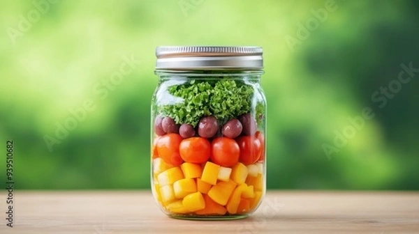 Fototapeta Colorful jar filled with fresh fruits and vegetables, perfect for healthy eating and meal prep inspiration.