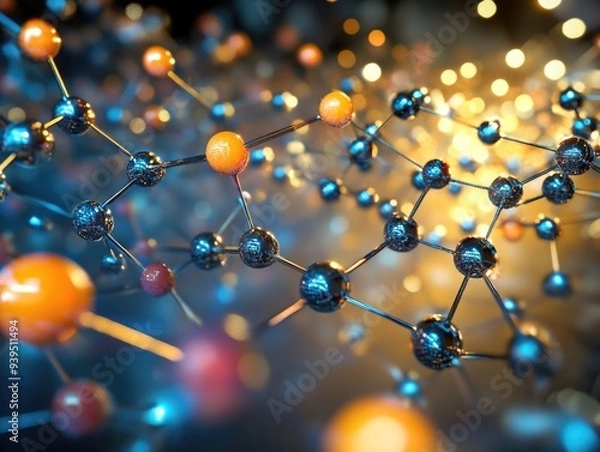Fototapeta Abstract Molecular Structure with Glowing Spheres and Connecting Lines in Blue-Orange Color Scheme