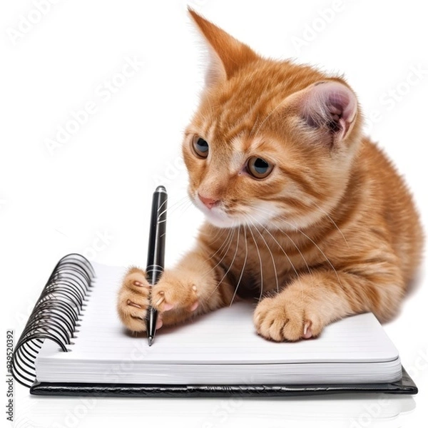 Obraz Red cat on a white background writes with a pen in a notepad

