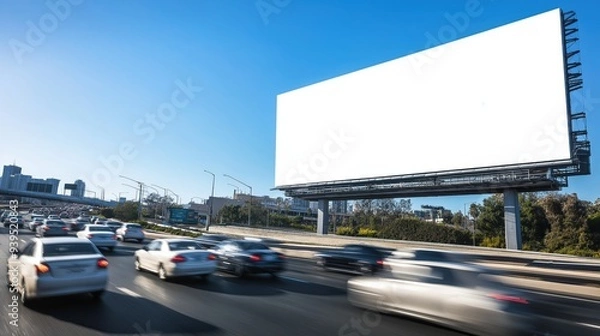 Obraz large blank white billboard mockup towering over a busy highway with cars zooming past and a clear blue sky as the backdrop