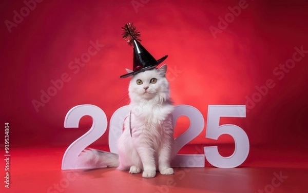 Obraz A festive white cat in a New Year's black hat on a bright red background. Pohadu inscriptions 2025. Concept of new year, New Year's holidays
