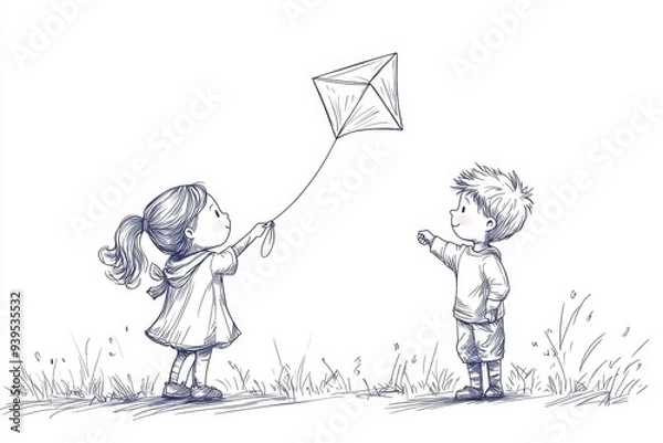 Fototapeta continuous line drawing little boy and girl flying kite. Siblings playing together. Kids  playing kite in playground. Children with kites game and they look happy. One line draw graphic, Generative AI