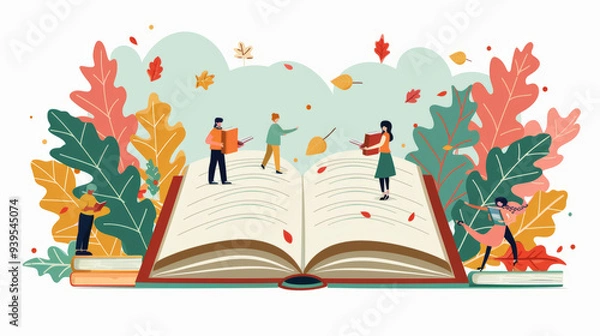 Obraz A flat vector illustration of students writing on a giant book