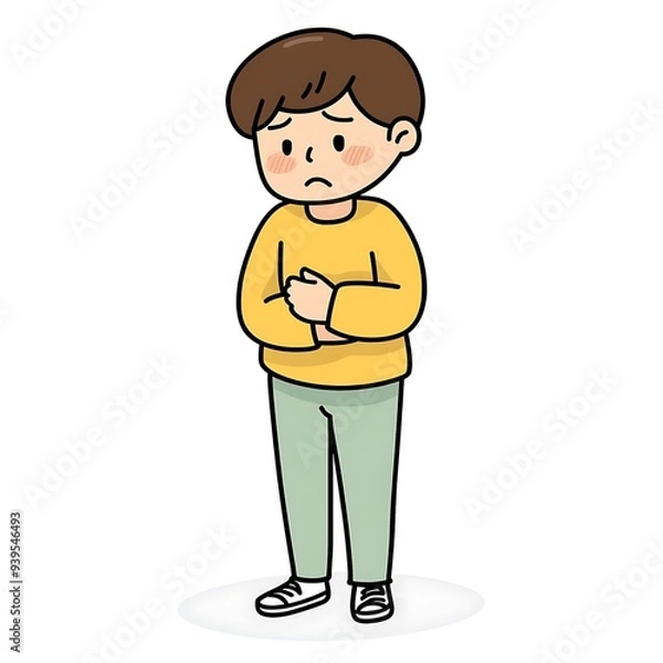 Obraz Unwell Cartoon Character with Nausea Holding Stomach on White Background
