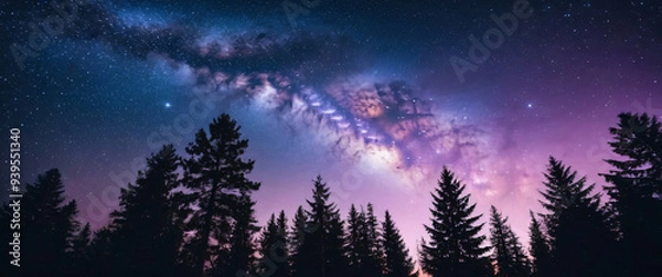 Fototapeta Forest tree silhouettes under starry night purple and pink sky. Blue outdoor summer scenery, universe or space galaxy stars light and astronomy, dark nature, astrophotography wallpaper 