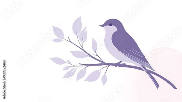 Fototapeta Elegant Bird Logo Vector Illustration on Branch - Purple and White Color Scheme | Clean Lines Design